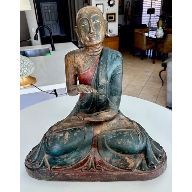 Antique Burmese 19th century hand carved polychrome sculpture of the Buddhist Monk Sariputta, from the Mandalay (Burma)...