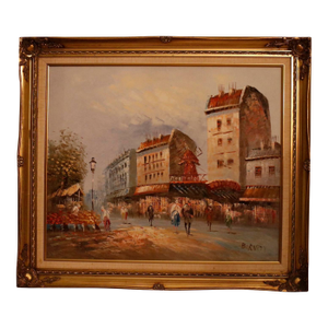 1950s Caroline Burnett Framed Oil on Canvas Impressionistic Painting of Parisian Street and Moulin Rouge