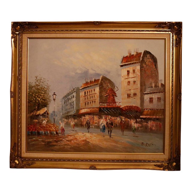 Authentic 1950s Caroline Burnett Framed Oil on Canvas Impressionistic Painting of Parisian Street and Moulin Rouge For Sale