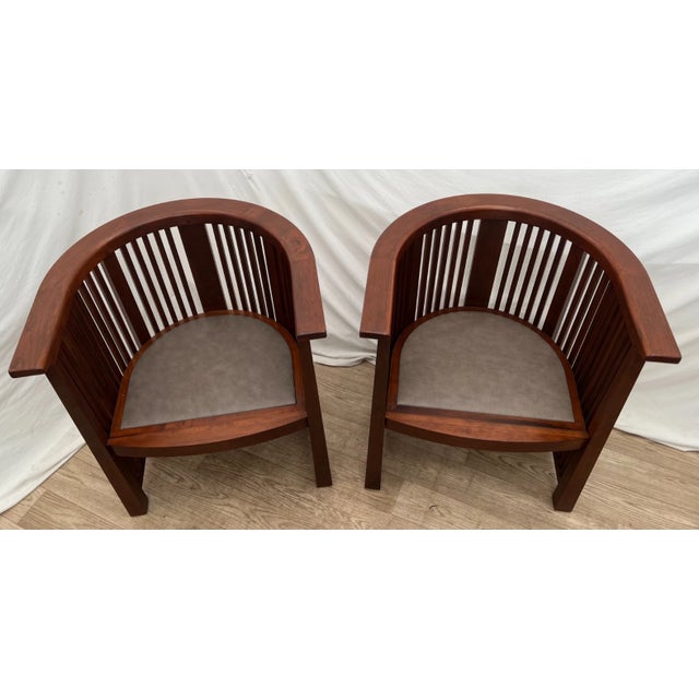 Modern Rare Set of Stickley Lounge Chairs Spindle Barrel Back Solid Cherry, Leather 1a For Sale - Image 3 of 12