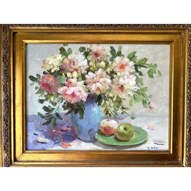 Late 20th Century Impressionist Floral Still Life Painting of Peonies and Apples For Sale - Image 10 of 12