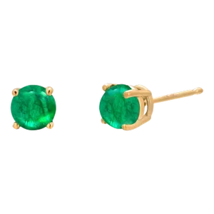 14 Karat Yellow Gold Matched Pair of Round Cabochon Emerald 0.21 Inch Earrings - 2 Pieces