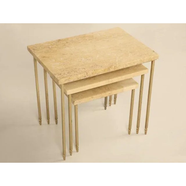 Metal Set of 3 Mid-Century Modern Stone Brass Stacking Tables For Sale - Image 7 of 11