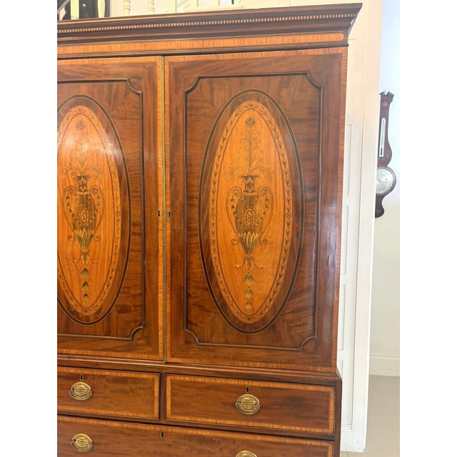 Antique Georgian Mahogany Satinwood Inlaid Linen Press Housekeepers Wardrobe, 1800 For Sale - Image 12 of 14