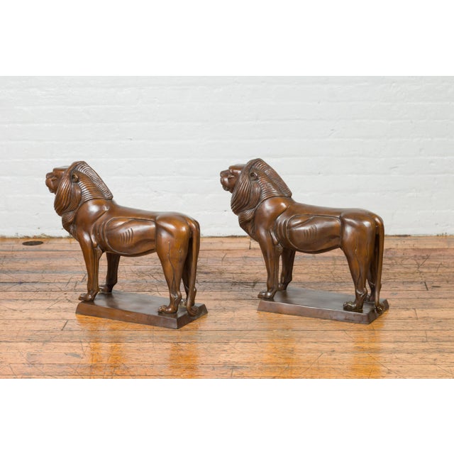 Contemporary Bronze with Dark Patina Lion Sculptures on Bases - A Pair For Sale - Image 4 of 13