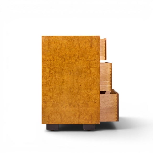 John Widdicomb John Widdicomb Campaign Mid Century Burlwood and Brass Lowboy Dresser For Sale - Image 4 of 10