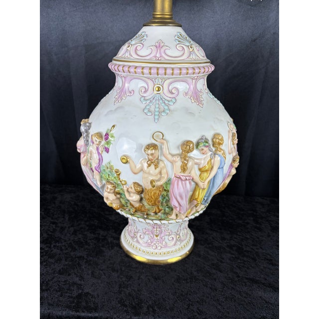 Rococo Vintage Italian Capodimonte Porcelain Table Lamp With Custom Fringe Shade - Mythological Bas Relief For Sale - Image 3 of 13