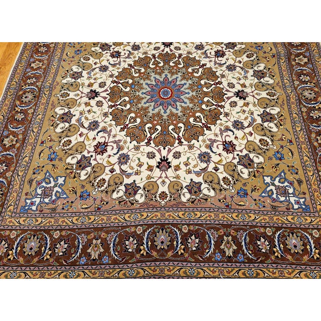 Vintage Persian Tabriz Square Area Rug, Hand-Knotted Wool & Silk, Fine Medallion Floral Pattern, Ivory & Brown, 7x7 For Sale - Image 11 of 16
