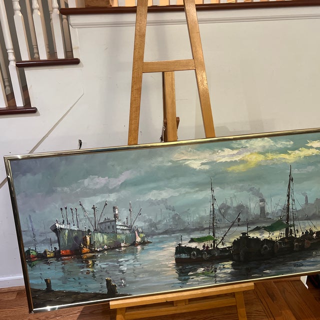 20th Century European School Oil on Canvas Boats in the Harbor Framed Signed For Sale - Image 4 of 12