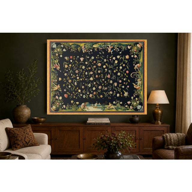 Atelier Aria Lumae Golden Age Dutch Floral Antique Tapestry Fine Art Gallery Board Print With Faux Antique Gilt Frame Print Design 32 X 24.5 For Sale - Image 9 of 12