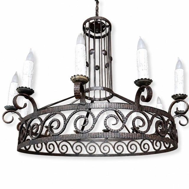 Large Art Deco Style Wrought Iron 12-Light Chandelier For Sale - Image 11 of 11