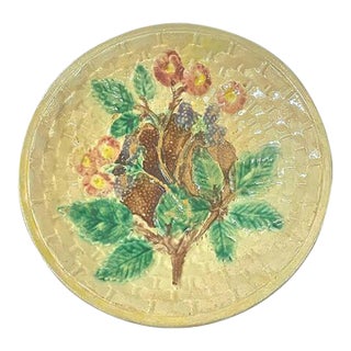 Antique Majolica Floral, Berry & Basket Plate For Sale
