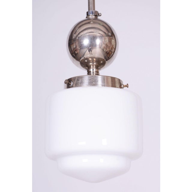 1930s Czech Bauhaus Pendant in Chrome-Plated Steel and Opaline Glass, 1930s For Sale - Image 5 of 8