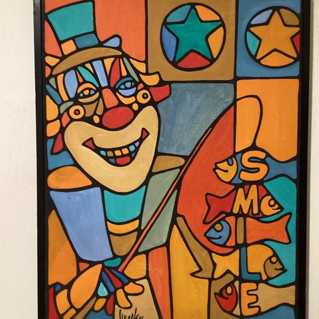 Mid 20th Century Modern Colorful Cubist-Style Framed Painting With Smiling Clown “ Smile “ by Wrasky For Sale - Image 11 of 12