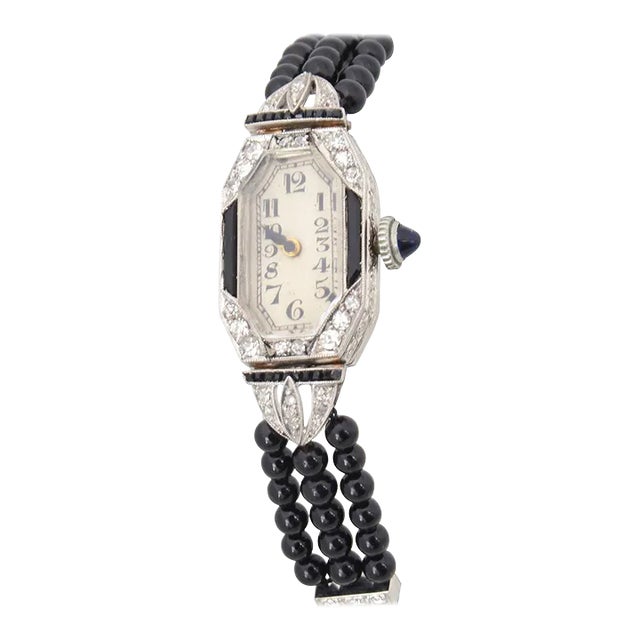 Ladies Art Deco Platinum Diamond Onyx Wrist Watch For Sale