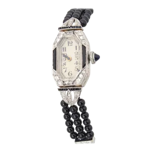 Ladies Art Deco Platinum Diamond Onyx Wrist Watch