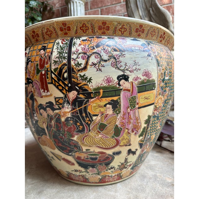 Vintage Large Chinoiserie Chinese Famille Rose Fish Bowl Planter With Courtyard Scene & Goldfish Interior, C. 1950s For Sale In Houston - Image 6 of 10