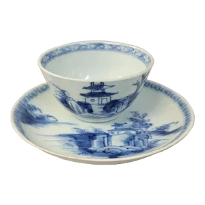 Antique Blue and White Chinese Nanking Porcelain Tea Bowl & Saucer