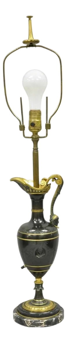 Antique French Neoclassical Patinated & Gilt Bronze Figural Ewer Urn Table Lamp
