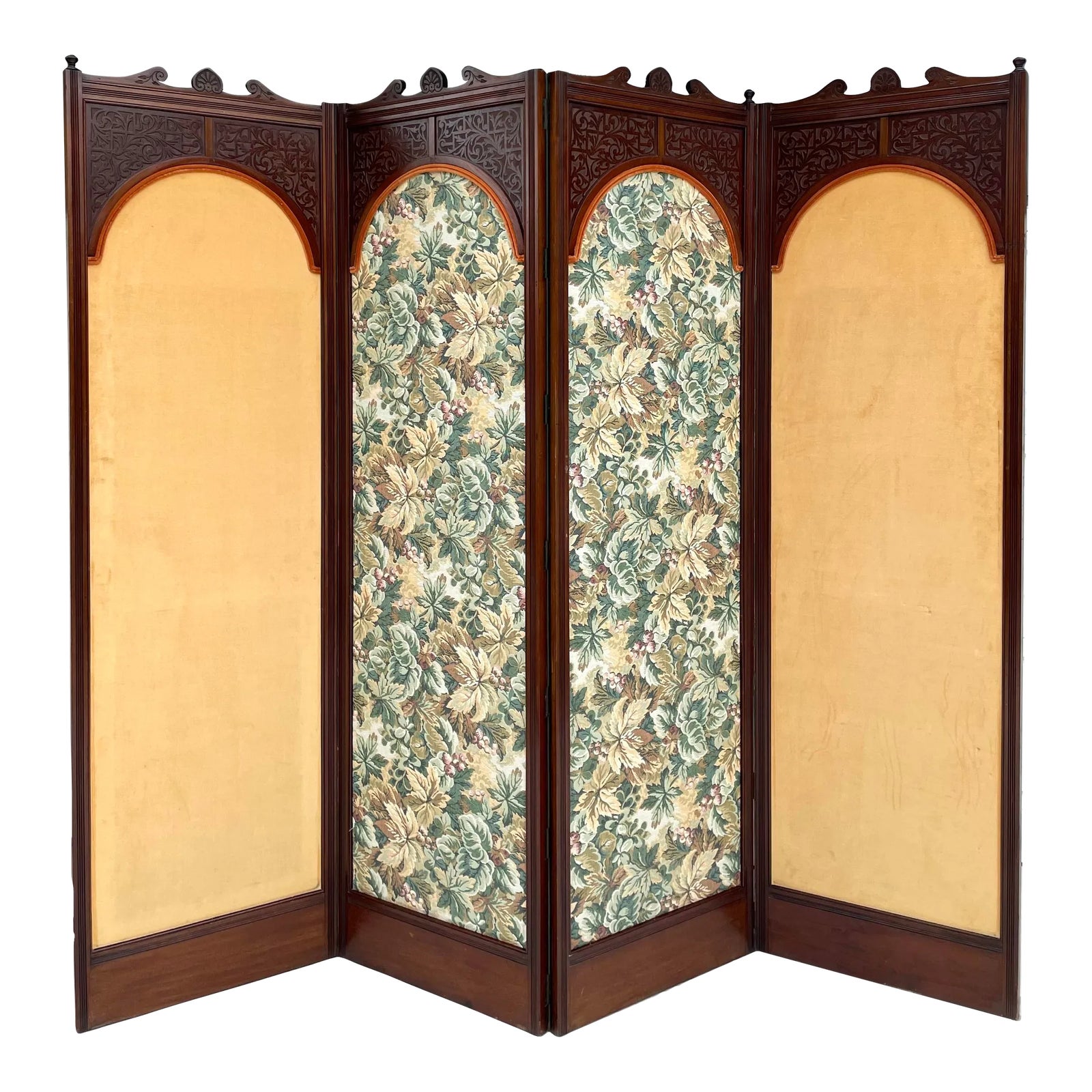 green emerald velvet dress Antique Screen, Dressing, Hand Painted Courting Scenes, 3 Panels, Gilt,  Lovely!