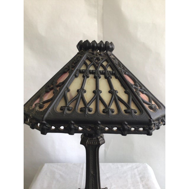 Mint 1920a Ornate Iron Leaded Glass Table Lamp For Sale - Image 8 of 11