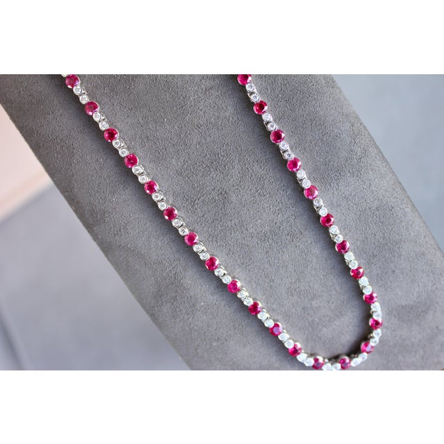 Ruby Diamond Bezel Set Tennis Line 14k White Gold Classic Set Unique Necklace For Sale - Image 14 of 14
