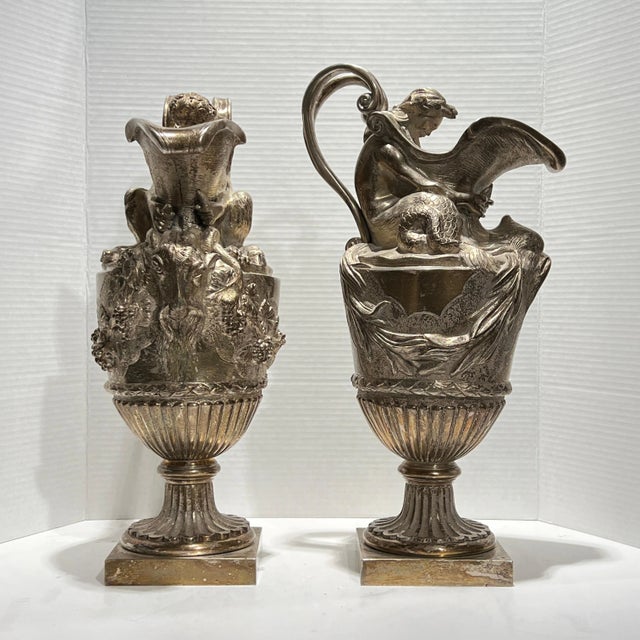 Traditional 19th Century French Silvered Bronze Ewer Form Vases in Louis XVI Style - A Pair For Sale - Image 3 of 12