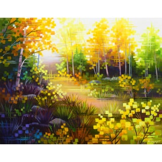 Evening Magic by Michelle Condrat | Oil on board Colorful forest scene with golden trees and sunlight. For Sale