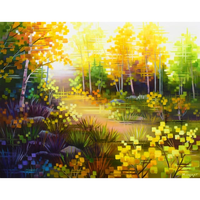 Evening Magic by Michelle Condrat | Oil on board Colorful forest scene with golden trees and sunlight. For Sale