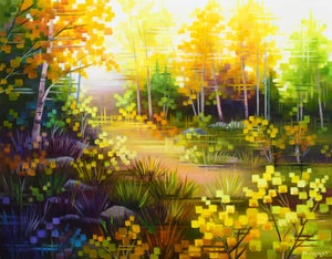 Evening Magic by Michelle Condrat | Oil on board Colorful forest scene with golden trees and sunlight.