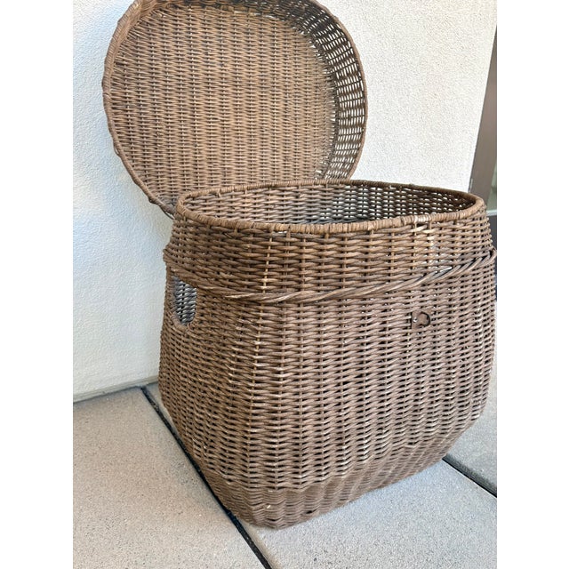 Wood Coastal Chic Vintage Fishing Creel Basket With Inset Handles For Sale - Image 7 of 9