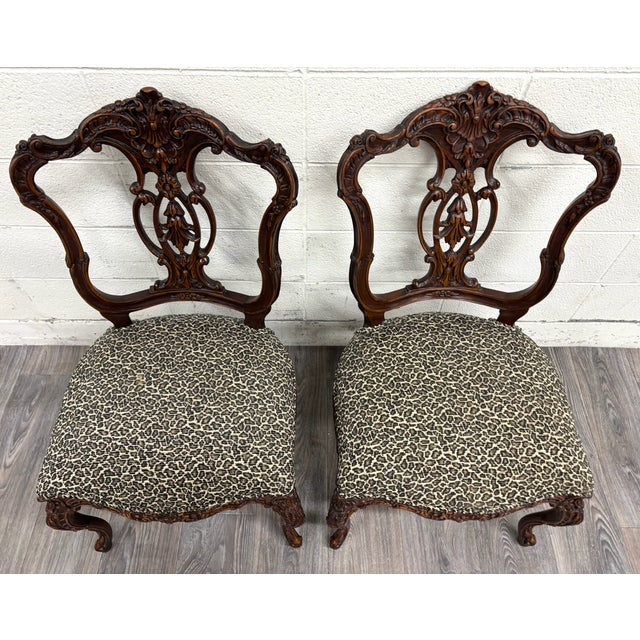Antique Late 1800s French Rococo Revival Carved Walnut Side Chairs - Pair For Sale - Image 10 of 15