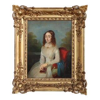 Portrait of a Young Woman with a Book, Oil Painting on Canvas, 19th Century, Framed For Sale