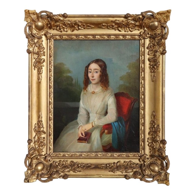 Portrait of a Young Woman with a Book, Oil Painting on Canvas, 19th Century, Framed For Sale