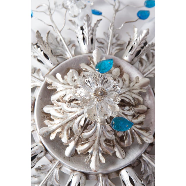 Metal Large Vintage Ceiling Light in Silver-Plated Iron and Blue Glass Leaves from Banci Firenze, 1980s For Sale - Image 7 of 11