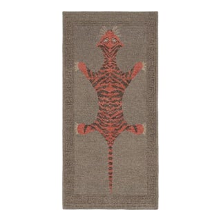 Rug & Kilim’s Distressed Tiger Runner Rug With Gray and Orange Pictorial For Sale