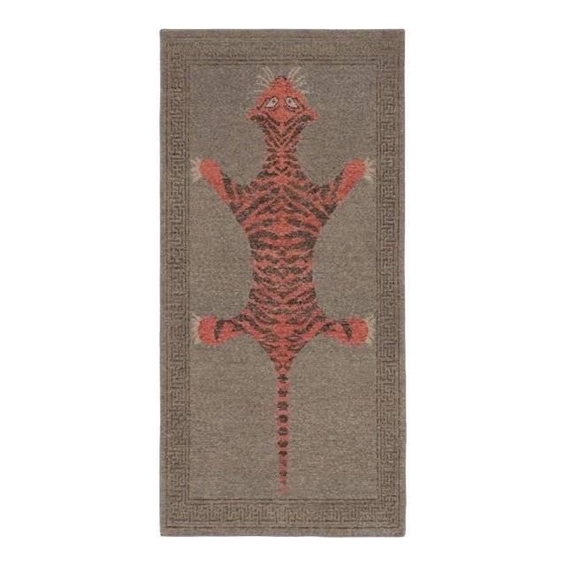 Rug & Kilim’s Distressed Tiger Runner Rug With Gray and Orange Pictorial For Sale