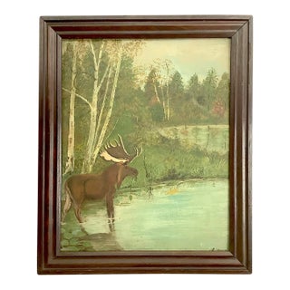 Circa 1940s Moose Oil Painting For Sale