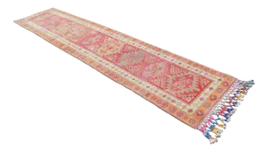 Hand-Knotted Distressed Turkish Runner Rug . Low Pile Faded Tribal Herki Runner Rug 2′11″ × 12′4″