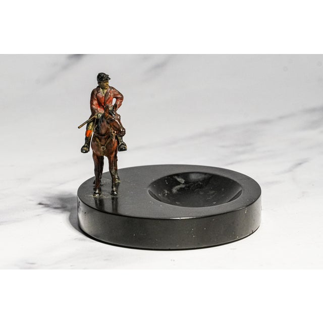 Charming Antique Austrian Cold Painted Bronze Fox Hunt Horse Sculpture Catchall English Equestrian Desk Tray Black Stone Home Office Decor For Sale - Image 10 of 13