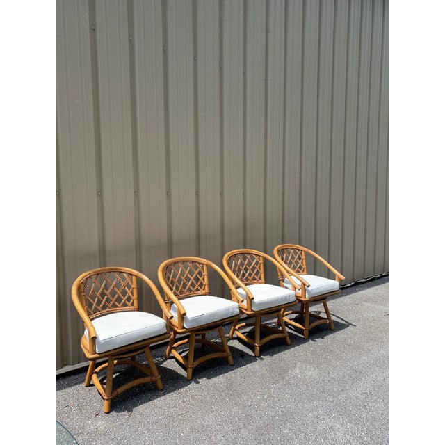 Vintage Bamboo Patio Dining Set with 4 Swivel Chairs and Tempered Glass