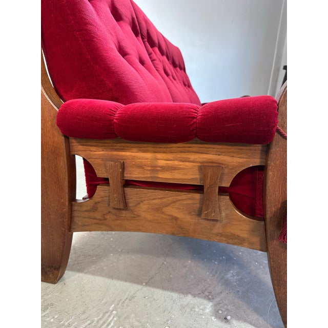 1970’s Vintage French Brutalist Oak and Red Velvet Sofa For Sale - Image 10 of 12