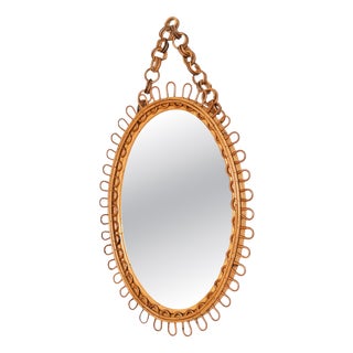 Oval Mirror with Chain in Curved Rattan and Bamboo by Franco Albini, Italy, 1960s For Sale