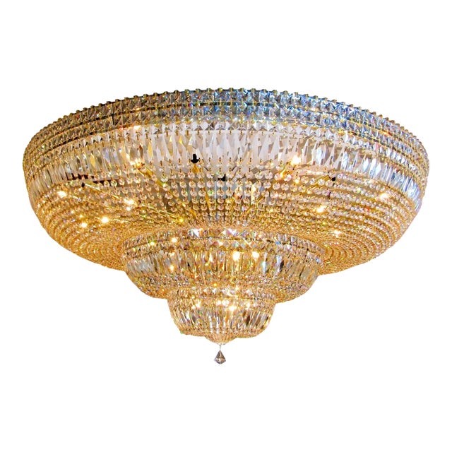 1990s Grand Schonbek 48" Diameter Petit Crystal Three Tier Flush Mount Chandelier For Sale