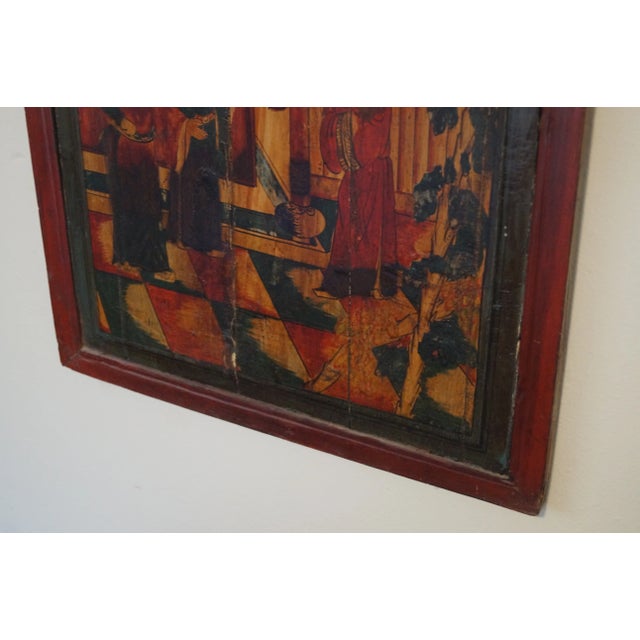 Chinese Antique Chinese Hand Painted Elm Wood Wall Panel For Sale - Image 3 of 9
