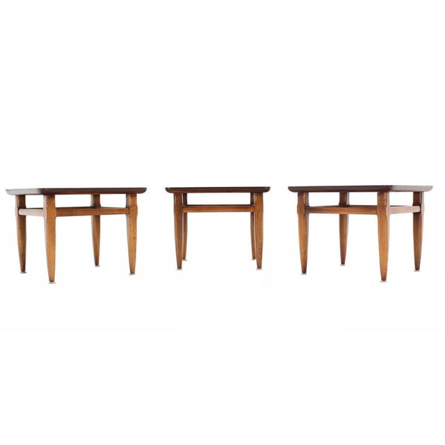 Set 3 Three American Burl Walnut Square End Side Occasional Tables Night Stands MINT! Inspected mint vintage condition.
