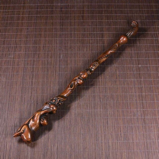 Chinese Vintage Chinese Huali Rosewood Back Scratcher | Carved Monkey & Peach Motif For Sale - Image 3 of 8