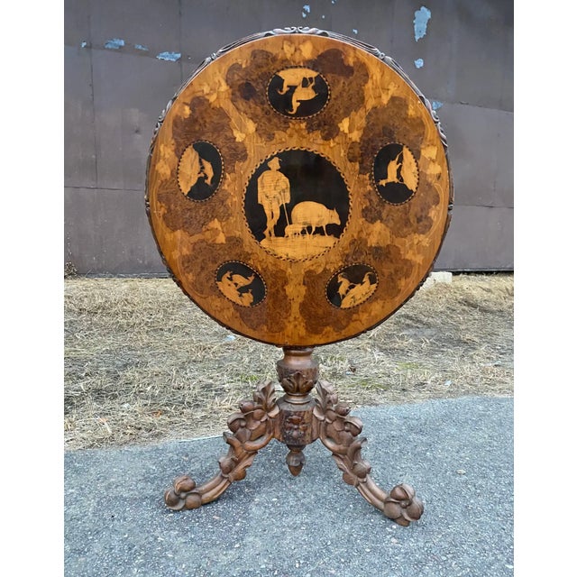 Wood Late 19th-Early 20th Century Carved and Inlaid Black Forest Table With Stags For Sale - Image 7 of 7