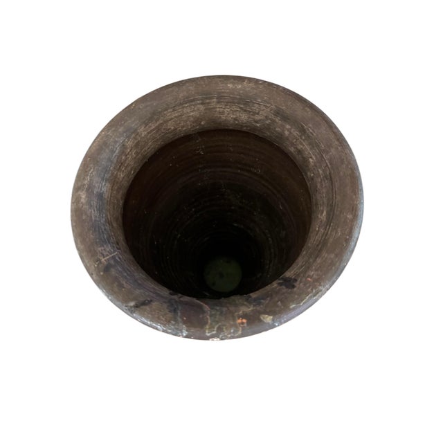 Late 20th Century Vintage Olive Green Glazed Heavy Clay Floor Urn Vase With Raised Baroque Medallions – 15”h For Sale - Image 5 of 7