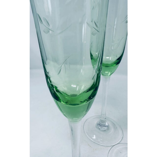 Glass Vintage Green Colored Glass Champagne Flutes With Etched Floral Leaves a Set of 4 For Sale - Image 7 of 11